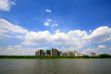 Urban construction scenery at the water's edge