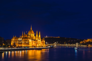 Budapest city night view from river side long exposure with light trails and water reflection