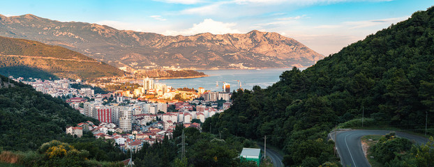 Panoramic view from above to the city Budva on Adriatic sea coast, Montenegro