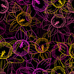 Seamless pattern of colorful daffodils.