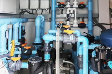 Image background of inside mechanical room of pipeline system for swimming pool. - 279486666