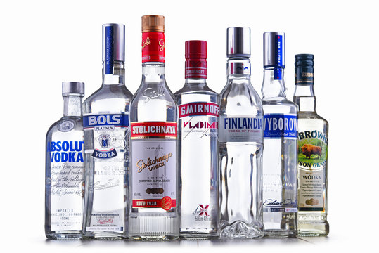 Bottles of several global brands of vodka