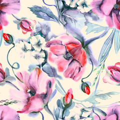 Poppies Seamless Pattern, Watercolor Background.
