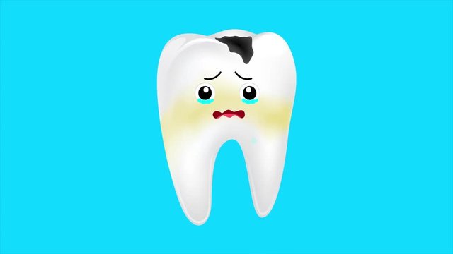 Unhealthy tooth character shaking from pain and crying.  The aching tooth with a caries. Dental care concept. Animation design