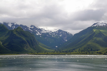 Green hills and mountains of Yakutat Bay, Alaska.