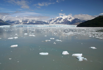 Hubbard Glacier and surrounding mountains in Disenchantment Bay, Alaska.