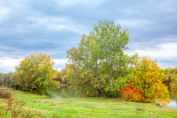 Fototapeta premium Lake autumn foliage , colorful fall trees