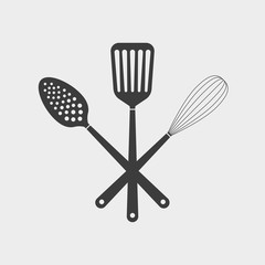 Cooking utensils logo. Kitchen tools icon. Crossed Spatula, Whisk and Skimmer. Vector illustration.