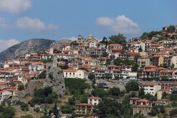 Fototapeta na wymiar Arachova, Greece - July 20, 2019: panorama photo of the town of Arachova