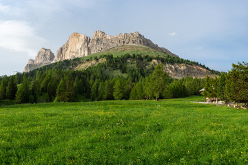 Passo Costalunga in Dolomites, Italy. Hillside of mount Catinaccio (Rosengarten) on the background