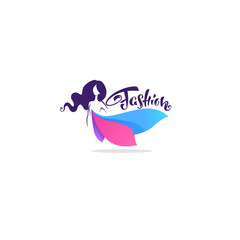 fashion boutique and store logo, label, emblem with girl in bright  flower dresss and lettering composition