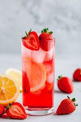 Fototapeta na wymiar Refreshing Strawberry and lemon Iced Tea or lemonade in a glass