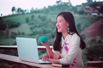 women and friend happy time  in coffee shop Chiang Rai Thailand Asia