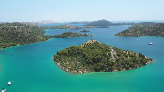 Beautiful blue sea paradise, archipelago in nature park Telascica on the island of Dugi Otok in Croatia, aerial seascape