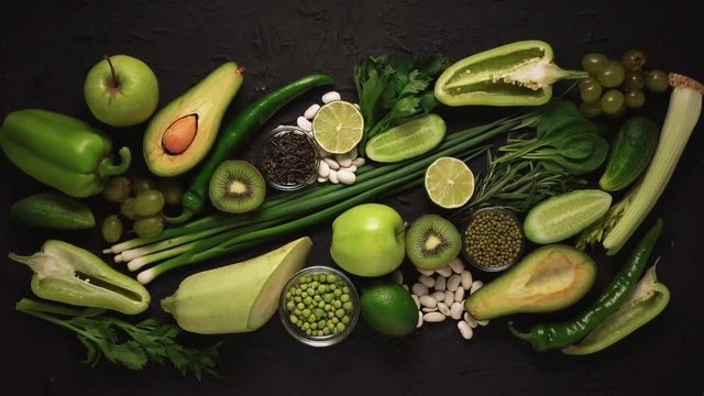 4k, Healthy concept with green antioxidant organic vegetables, top view