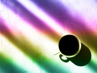 Cup of coffee on gradient background in minimal style, Top view. Business team work meeting concept