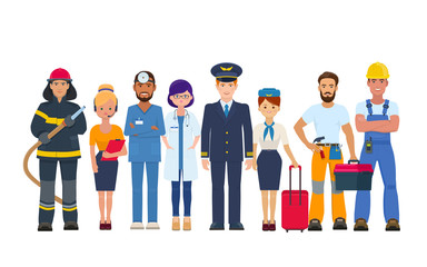 Group of people of different professions. Character design of doctors, pilot and stewardess, builder, repairman, fireman and secretary