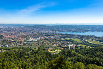 Fototapeta na wymiar Panaromic view of Zurich city and lake from Uetliberg viewpoint in Switzerland