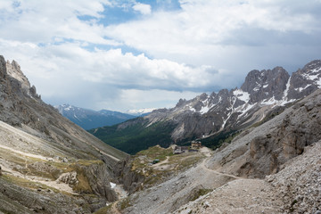Fototapeta na wymiar View from the top on the Rifugio Vajolet and Rifugio Paul Preuss. Dolomites, Italy