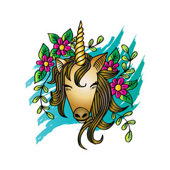 Unicorn with flowers.  Hand drawn  illustration.