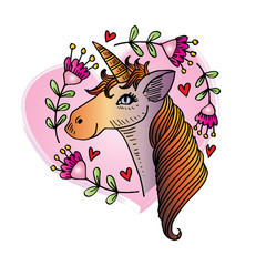 Unicorn with flowers.  Hand drawn  illustration.