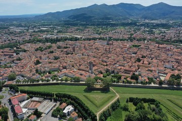 Aerial view of the walled town of Lucca, Italy - obrazy, fototapety, plakaty