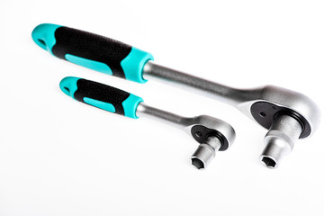 Set of tools isolated on white background. multi purpose tool kit. Chrome Vanadium Steel. metallized fix equipment. socket wrench isolated on white background. Iron tools set. Experts In Motors