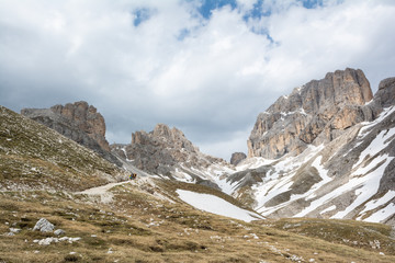 Beautiful view of mountain Catinaccio d'Antermoia on the way to Passo Principe. Dolomites, Italy