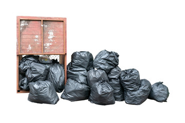 Pile of black garbage isolated on white background. Pile of garbage plastic black and trash bag waste many