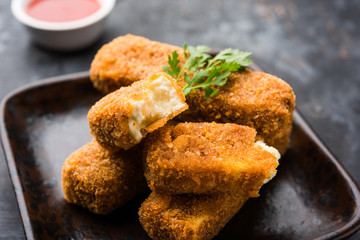 Kurkuri paneer fingers or pakora/pakoda snacks also known as Crispy Cottage Cheese Bars, served with tomato ketchup as a starter. selective focus
