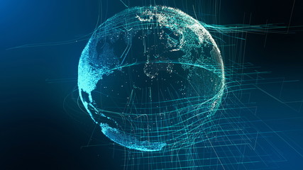 Motion Particle Earth Digital Globe Cyber Concept. Planet Network Data Abstract World Map Business Background. Universe Connection Landscape Scenery Outer Space Exploration 3D Rendering Animation