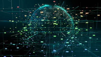 Planet Earth Cyberspace Particle Abstract Motion. Digital Continents Hologram Colorful Fly Dots Data World Network Map. Planet Rotation Outer Space Exploration Business Concept 3D Rendering Animation