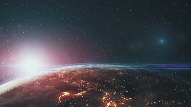Epic Rotate Earth Close Up Surface Star Background. Sun Beam Glow Celestial Outer Space Deep Universe Exploration Concept 3D Animation
