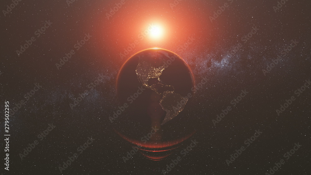 Canvas Prints earth orbit rotation reverse bright red sun beam. celestial globe world map starry universe galaxy c