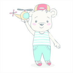 Сute bear playing with a hoop isolated on white background. Vector illustration for t-shirt, clothes, textile, placards, posters, stickers, mugs, covers, patterns, phone cases and other use