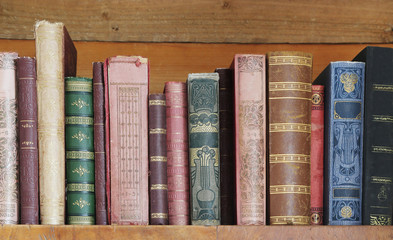 old books on wooden shelf