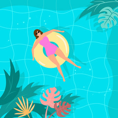 Summer landscape with tropical plants and woman in the pool.