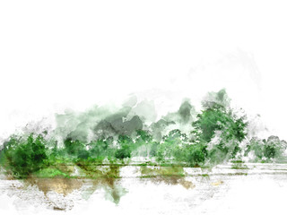 Abstract colofrul tree land field landscape on watercolor illustration painting background.