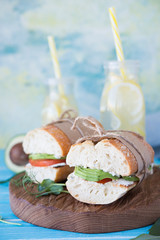 Healthy vegetable sandwich made of wheat bun, green salad, avocado and tomato.
