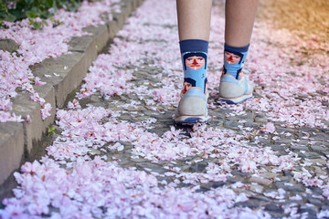 Girl walking on pink cherry blossom petals
