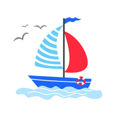 Cute cartoon sailboat on the white background.