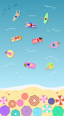 Summer landscape with beach resort and tourists.