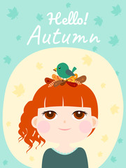 Autumn season,Cute girl and little bird on head.