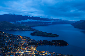 Panorama view of Queenstown city during the sunset with the view of mountain  South Island, New Zealand