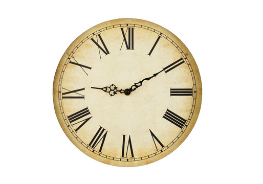 Old vintage clock face isolated on white background 