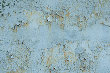 Retro, cracked light blue paint on a rusty door. Abstract background, texture. Stains. Natural pattern of peeling paint on a metal surface.