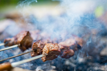 Grilled shish kebab on skewer. Roasted beef meat cooked at barbecue. Traditional eastern dish shashlik.