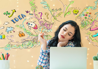 Many thoughts with young woman holding a pencil