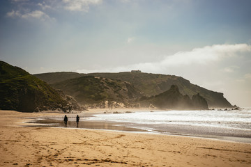 Fototapeta na wymiar Two people walking along a sandy beach