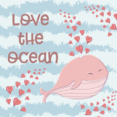 Cute whale in the sea with hearts in the style of a cartoon.